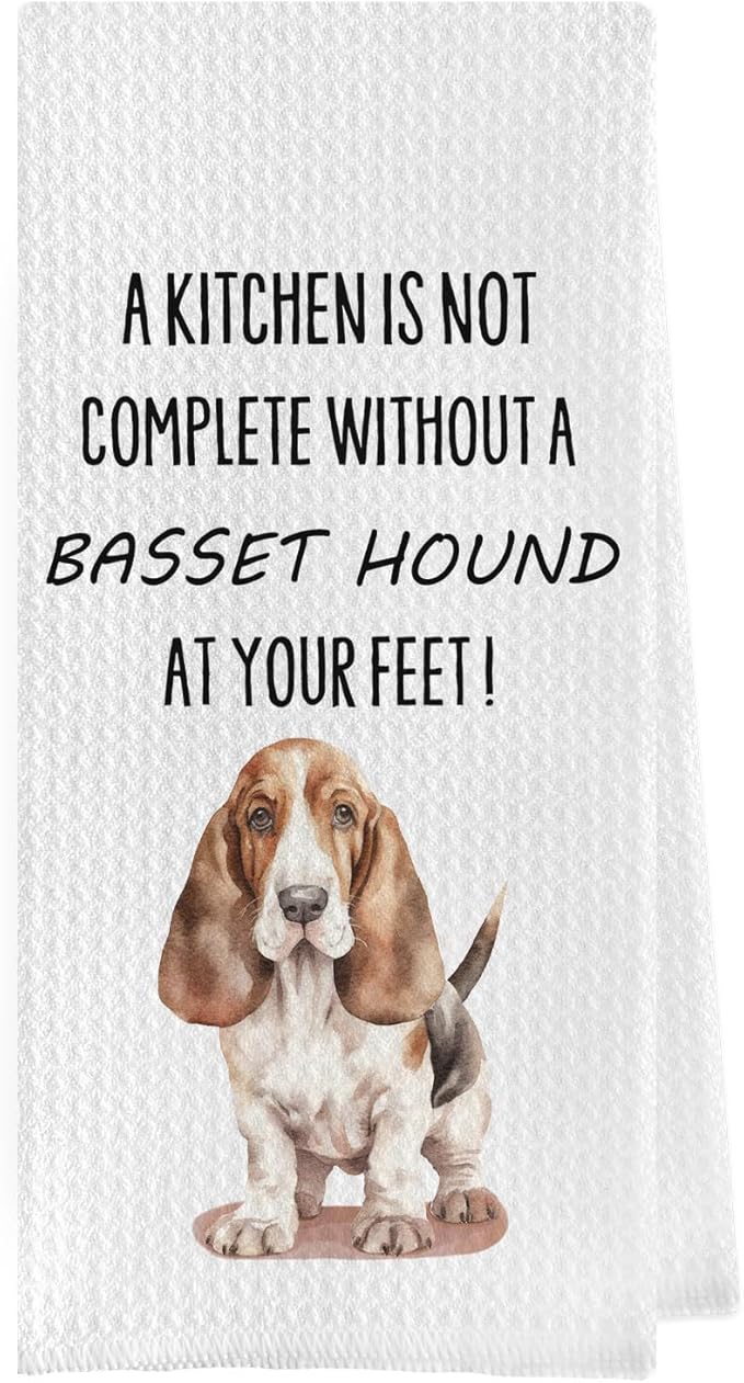 Basset Hound Dish Towels - Funny Basset Hound Decorative Waffle Weave Kitchen Towels, Basset Hound Hand Tea Towels, Basset Hound Gifts, Basset Hound Decor (16×24 Inches)