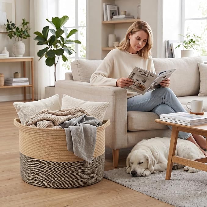 65L Large Blanket Basket,Rope Woven Laundry Baskets-Jute&Black | Collapsible, reinforced handles, nursery storage bin organizes clothes, toys and pillows for living room, bedroom bathroom