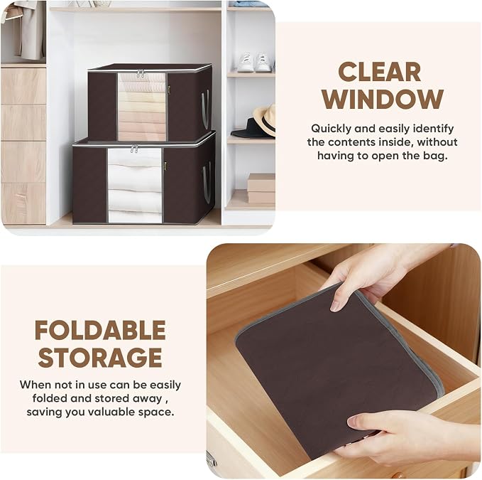 BALEINE 3 Pack Clothes Storage Bags, 16 Gallon Storage Containers with Reinforced Handle, Sturdy Zipper, Closet Organizer for Blanket, Comforter, Pillow, Bedding (Brown, 3 Pack)