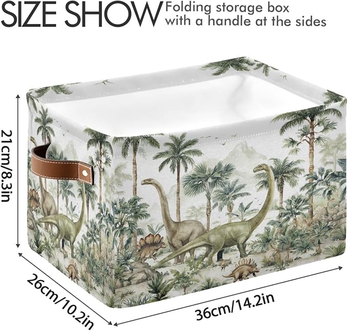 Dinosaur Palm Trees White Rectangular Storage Bin Basket with Handles - Organizer Bin for Books Clothes Laundry Basket for Pets Playroom