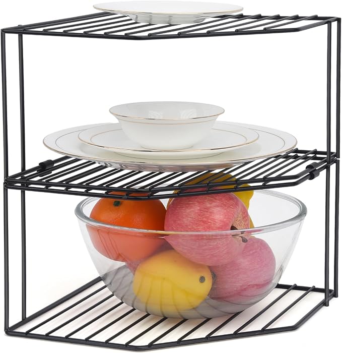 AKAZA 2Pcs 2-Tier Corner Stackable Organizer Shelf for Kitchen - Cabinet Storage Shelf Rack, Shelves，Kitchen Counter and Cabinet Shelf, Storage Rack Organizer (Black)