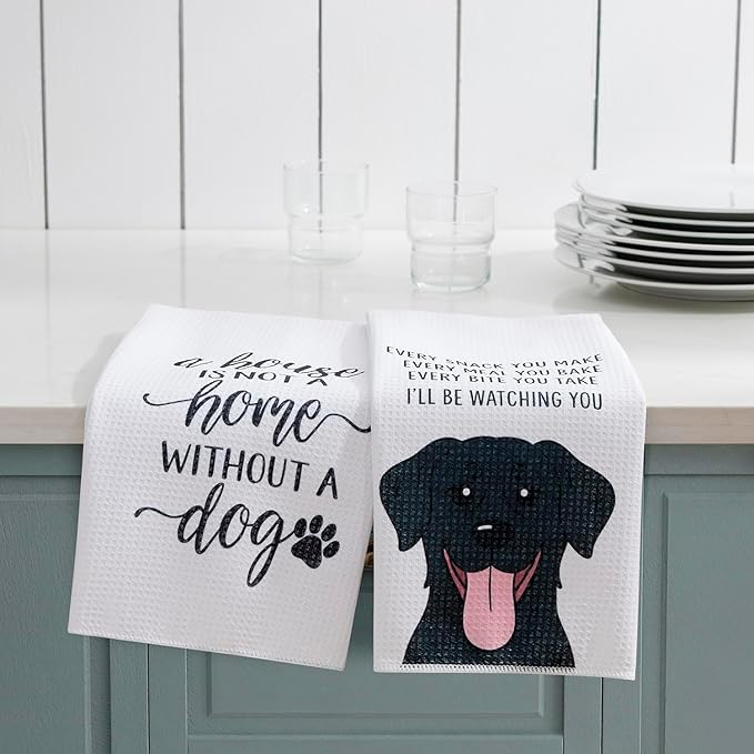 Set of 2 Waffle Weave Kitchen Towels, 380 GSM Absorbent Quick-Dry Microfiber Dish Towels, Funny Dog Tea Towels, 18 x 30 Inches, Gift for Dog Lovers, Kitchen Decor