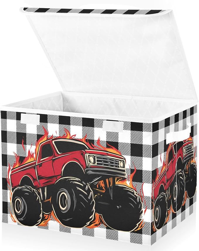 Red Truck Car Fabric Storage Bins with Lid Closet Storage Basket 40L | Decorative Storage Boxes, Foldable & Stackable, Dust-Proof Flip Top, Reinforced Handles, For Home & Dorm, Clothes & Toy Box
