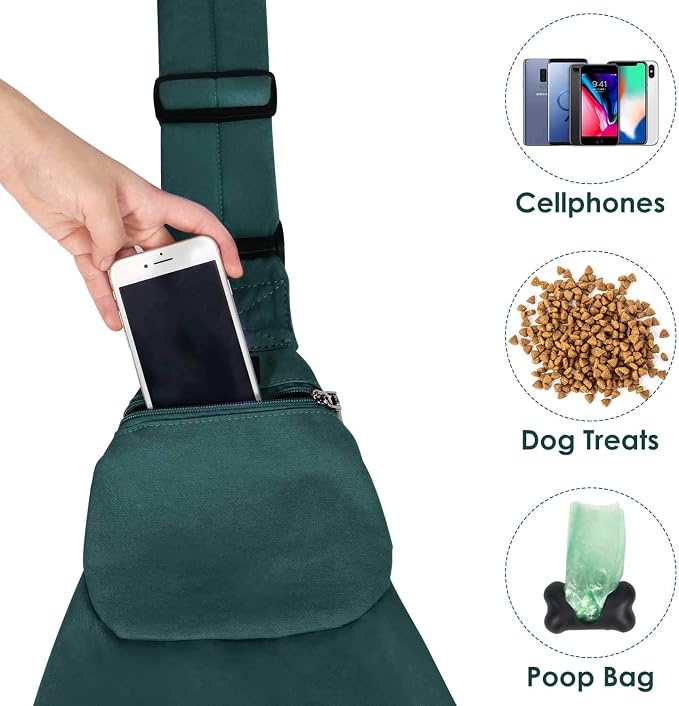 Lukovee Pet Sling, Puppy Small Pet Cat Carrier with Safety Hook | Hands-Free,Padded Strap, Breathable, Adjustable, Storage Pocket, Tote Bag Shoulder Bag with Front Pocket (Green,L)