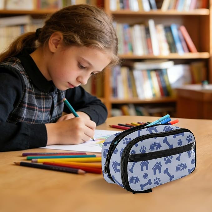 Pet Pawprints Blue print Large Capacity Pencil Case with Zipper Water Resistant Portable Organizer Pen Bag for School Students Office