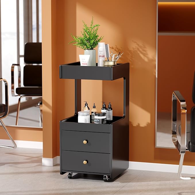 OmySalon Salon Trolley Cart, Esthetician Cart with Wheels, Hair Styling Station with 2 Drawers, 1 Open Shelf, Mobile Storage Cabinet Utility Trolley for Beauty Salon Spa, Black