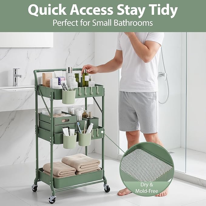 Amatic 3-Tier Folding Rolling Utility Cart with Wheels, Metal Foldable Storage Cart Organizer with 3 Hanging Cups & 6 Hooks for Kitchen, Office, Living Room, Nursery(Green)