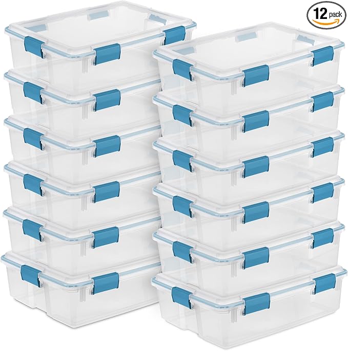Sterilite Gasket Storage Box with Lids for Home & Office, 37 Quart, 12-Pack | Heavy-Duty, Stackable, and Organizing Containers for Bathroom, Cabinet, Closet, and Garage, Clear and Blue Aquarium Latches