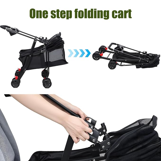 4‑Wheel Foldable Pet Stroller, Travel Strolling Cart for Small & Medium Dog | Breathable Visible Mesh Window, Cup Holder & Storage Basket, Rear Wheel Dual Brake, Portable Folding Design Black
