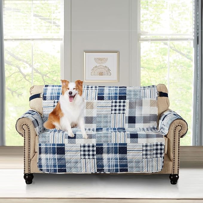 Brilliant Sunshine Blue Plaids & Stripes Patchwork Loveseat Cover, 54" seat | Quilted Sofa Cover, Living Room & Bedroom Furniture Protector, Large Washable Love Seat Slipcover for Pets, Dogs & Cats