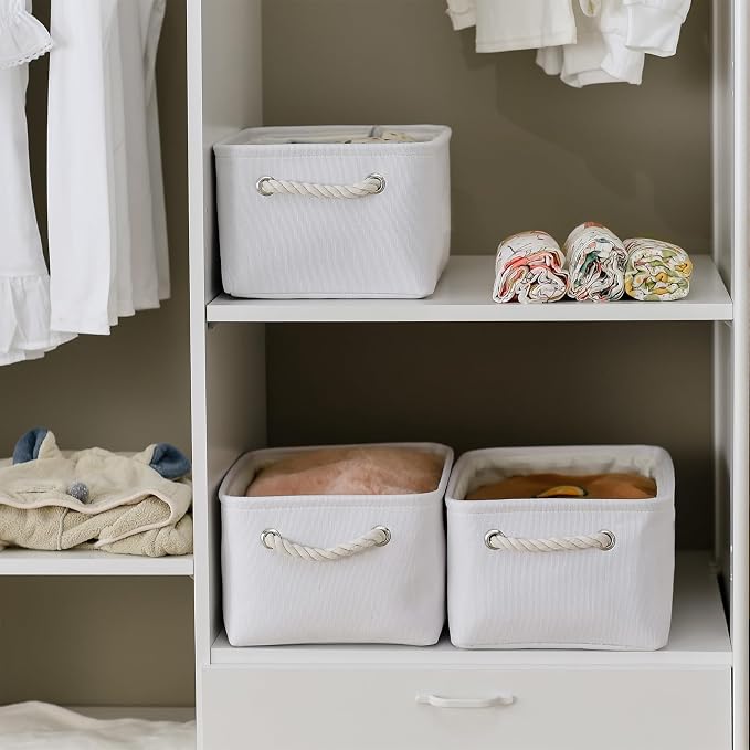 Decorative Basket for Organizing - Medium-1Pack 13.8L*9.8W*6.7H Rectangular Fabric Storage Bin Organizer Basket with Handles for Clothes (White)