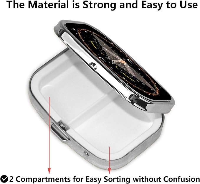 ABLESKY Pill Box, 2 Compartment Pill Organizer Case for Pocket or Purse, Small Portable Metal Travel Medicine Box with Mirror, Daily Vitamins Fish Oil Container-Blackmothl