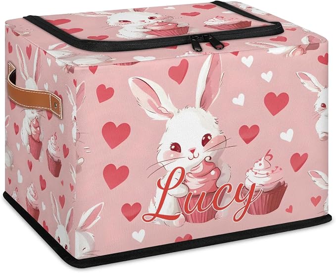 Custom Cute Rabbits Storage-Bin With Zipper Lid for Kids-Girls-Boys-Baby-Pet,Personalized Name Foldable Storage Box with Handle,Baby Basket With Label for Bedroom Nursery Toy Clothes,Pink
