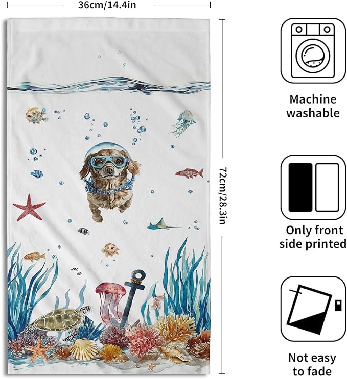 Giwawa Funny Dog Hand Towel Set of 2 Summer Nautical Ocean Blue Sea Towel Underwater Swimming Puppy Decorative Face Fingertip Towel Dish Wash Cloth for Bathroom Hotel Gym Home Spa