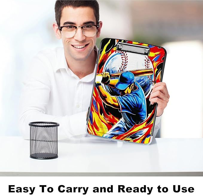 A4 Clipboard with Storage Pen Holder, Clipboards Organizer Nursing Clipboard Foldable File Folder Plastic Clipboard Folio Clip Board for Office Work Classroom Doctor, Baseball Man