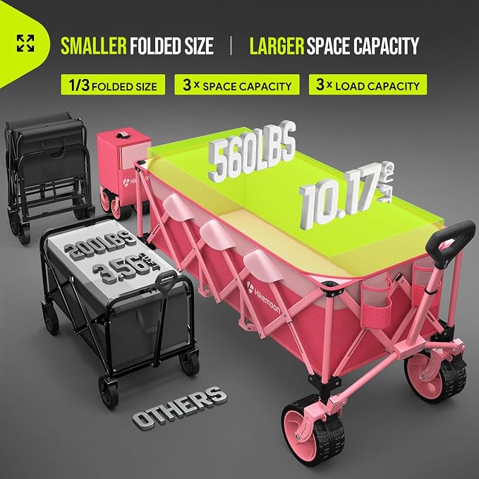 48'' Extra Large Collapsible Wagon with Big Wheels, 300L Pink | 560LBS Heavy Duty, Wagons Carts Foldable, All-Terrain, Brakes, Folding Cart, Utility for Beach/Camping/Garden/Sports/Grocery