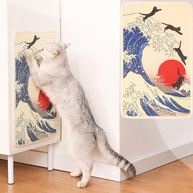 Sisal Cat Scratcher Post Mat (Use on Wall, Couch and Carpet), Durable and Shedding-Resistant Cat Scratching Surface - 21.7x13 inch with Adhesive Pads (The Cat Wave)