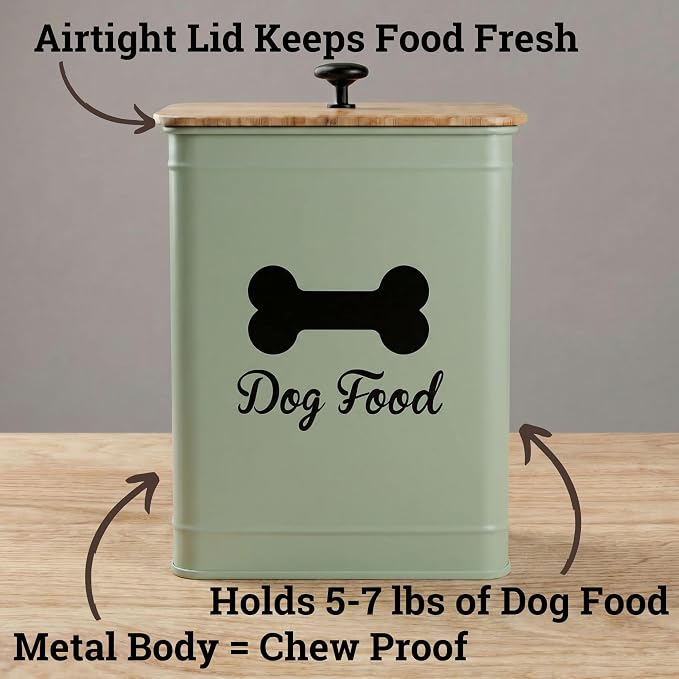 Metal Dog Food Container 5-7lb, 25 Cup w/ Airtight Bamboo Lid, Metal Handle | Pet Jar For Dogs up to 50lbs, Airtight Bamboo Lid, Sturdy Comfortable Metal Handle, Powder Coated Iron, Kibble Storage Bin