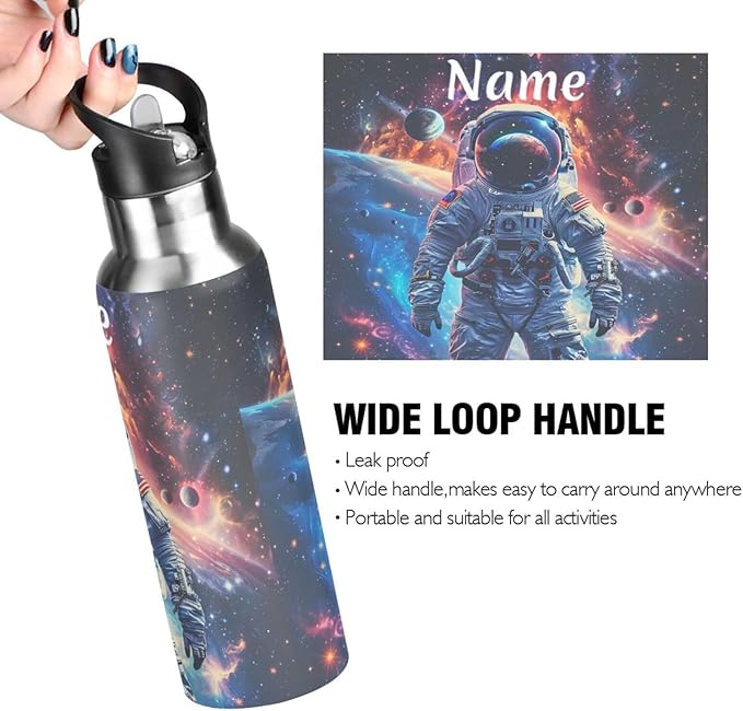 Custom Name Astronaut Planets Galaxy Space Water Bottle with Straw Lid Kids Insulated Stainless Steel Water Flask Sports, 20 Oz Hot Cold