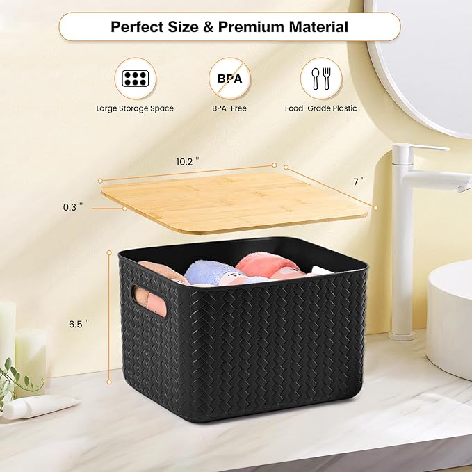 Ohmlove 4 Pack Storage Bins with Bamboo Lids,Stackable Box for Organization | Plastic Storage Containers with Handle, Storages Baskets for Organizing Desktop Closet Playroom Classroom Office, Black