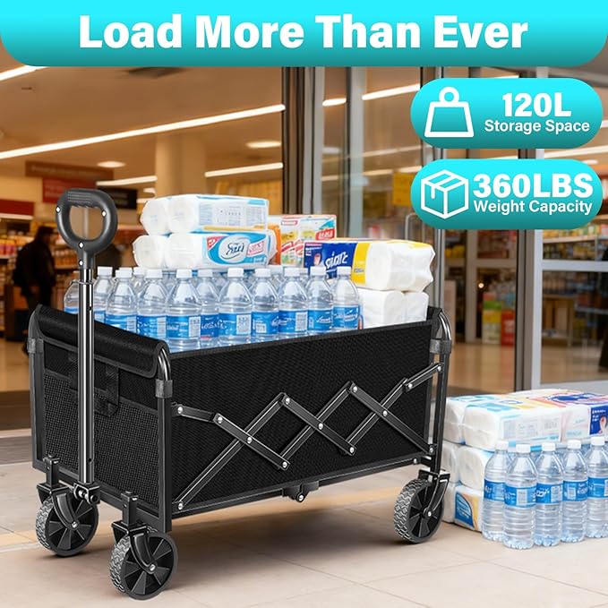 Collapsible Wagon Cart with Wheels, Compact 360 lb Folding Cart, Jet Black | Portable utility wagon for groceries, shopping, camping, garden, sports, picnics, laundry, apartment errands and small hauls