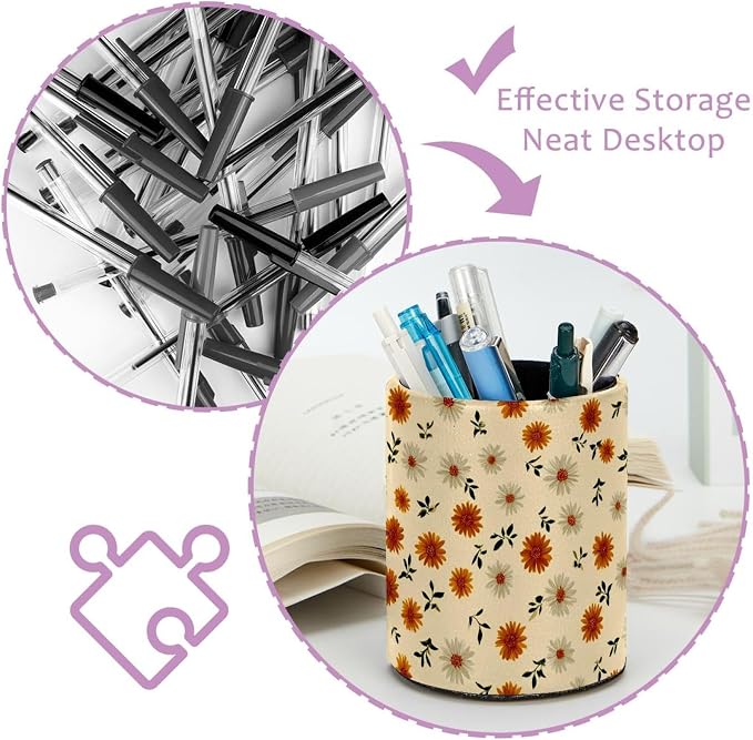 Faux Leather Pen Holder for Desk, Pencil Organizer Daisy Pen Cup Desk Decor Makeup Brush Holder Storage for Office Home