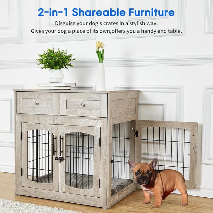 Hipicute Dog Crate Furniture with Drawers, Wooden Kennel for Large Breed Dogs, End Table Dog House for Indoor Use, Dog Crate for Small/Medium/Large Dogs