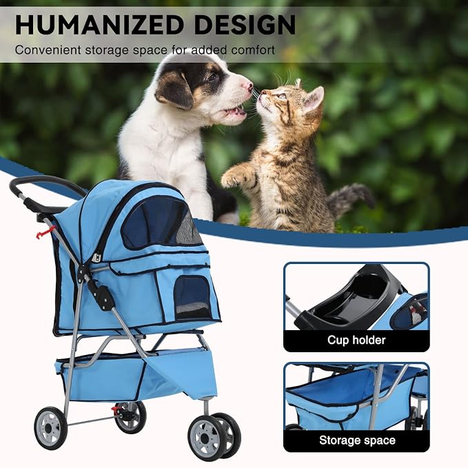 Dog Cart, 3 Wheels Pets Stroller, Folding Carrier Waterproof Puppy Stroller with Cup Holder & Removable Liner, Dog Strollers for Small Dogs, for Small and Medium Pets (Blue)