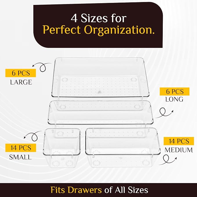 40 PCS Clear Drawer Organizer Set, BPA-Free PET Plastic Trays with Non-Slip Pads, Nesting Storage Organizers for Kitchen Drawer, Bathroom, Vanity Makeup, Office Desk