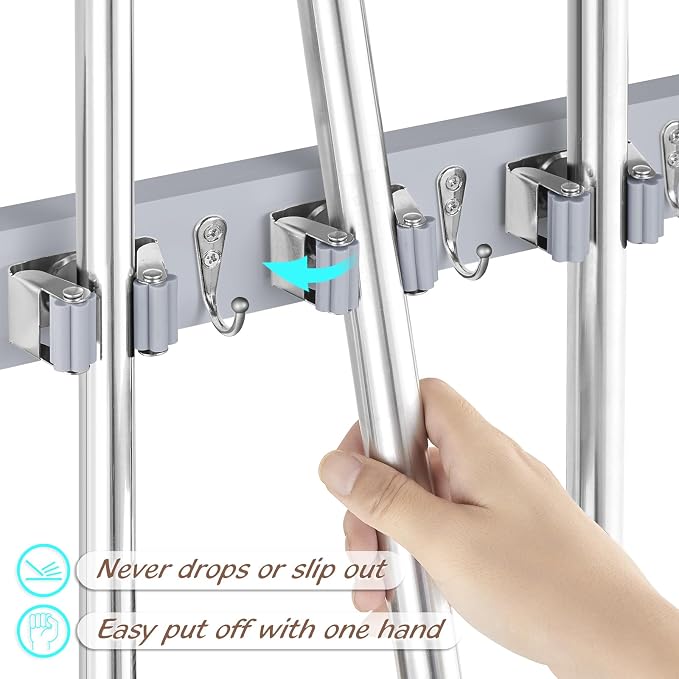 OUTNILI Gray Mop Broom Holder Wall Mount with 4 Slots & 4 Hooks - Wood Broom Mop Hanger for Pantry Closet Laundry Room Organization - Heavy Duty Garden Tool Organizer