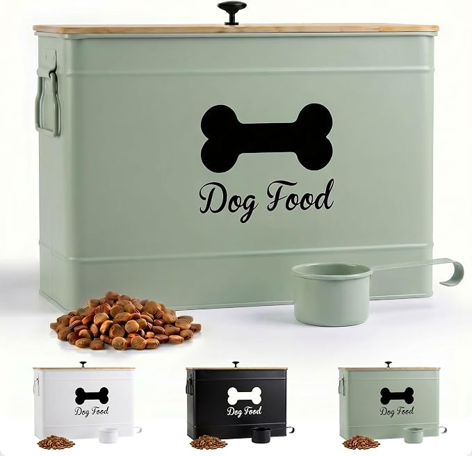 Metal Dog Food Container 15-20 lbs w/ Airtight Bamboo Lid, 70 Cup Capacity | Pet Jar For Dogs up to 100lbs, Airtight Bamboo Lid, Sturdy Comfortable Metal Handle, Powder Coated Iron, Kibble Storage Bin