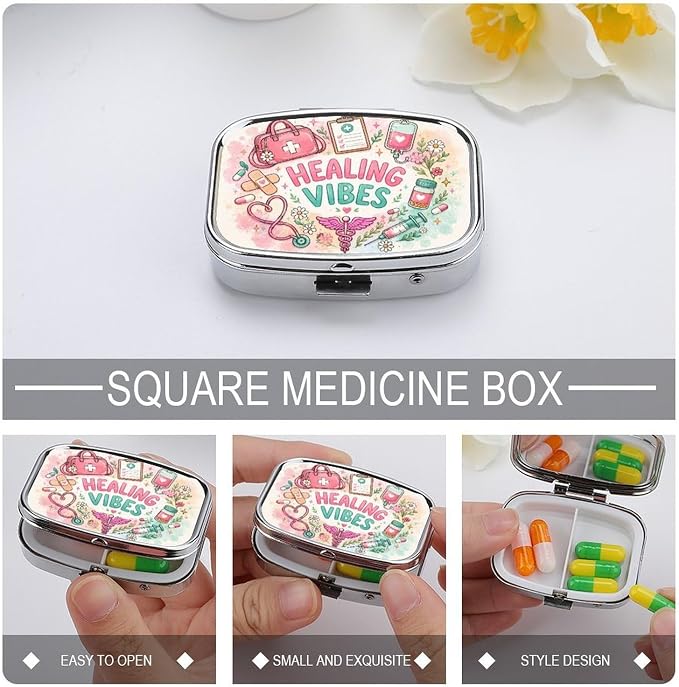 Healing Vibes with Pastel Blooms Two Compartment Pill Box Medicine Organizer, Portable Pill Case with Secure Snap Closure for Vitamins Medication Supplements Daily Use