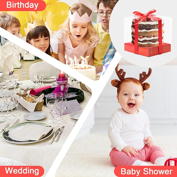12 PCS Clear Cupcake Boxes 3.5 Inch Cupcake Containers (Red) | Disposable Cupcake Carrier Plastic Individual Cupcake Storage Holder with Ribbons and Inserts for Wedding, Birthday Party