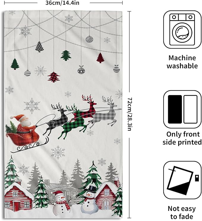 Giwawa Santa Claus Hand Towel Set of 2 Xmas Tree Balls Reindeer Sleigh Buffalo Plaids Towels Winter Snowman Snowflakes Soft Microfiber Dish Wash Cloth for Bathroom Guest Holiday Gym Decor