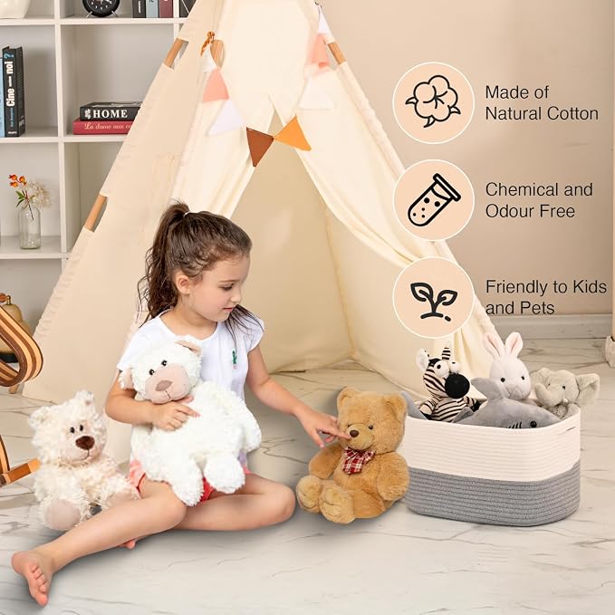 ICERZCZ Woven Cotton Rope Storage Basket for Organizing, Cute Decorative Baskets for Gifts Empty, Organizer Bins for Dog Toy, Baby Laundry, 15“×11”×9.5“, Off White & Grey