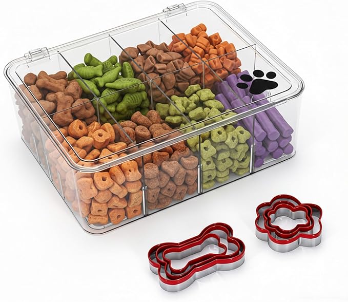 Dog Treat Container, Clear Pet Food Storage Container with Lid and Removable Dividers, 8 Compartments Dog Organization and Storage Box for Countertop, Cabinet, Pantry, Gift for Pet
