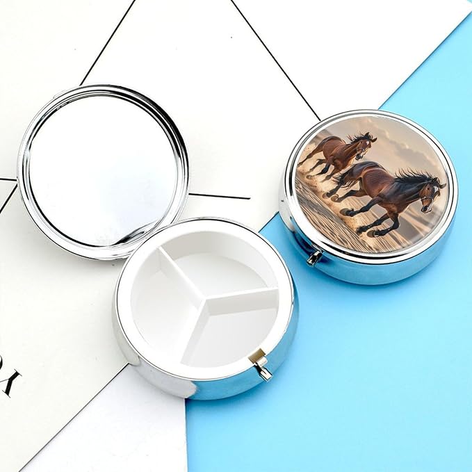 3 Compartment Medicine Pill Case, Horses Running in The Sand Round Pill Box, Portable Decorative Medicine Organizer for Pocket Or Purse Vitamin Organize