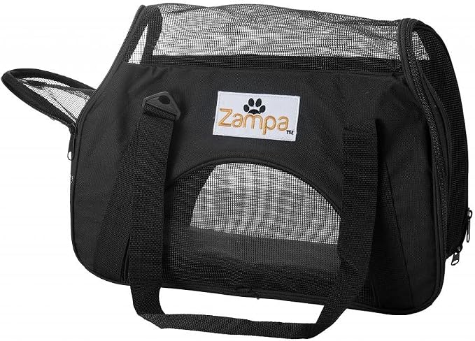Airline Approved Soft Sided Pet Carrier by Zampa, Low Profile Travel Tote, Removable pad, Premium Zippers & Under Seat Compatibility, for Cats and Small Dogs (15" x 17" x 7", Black)