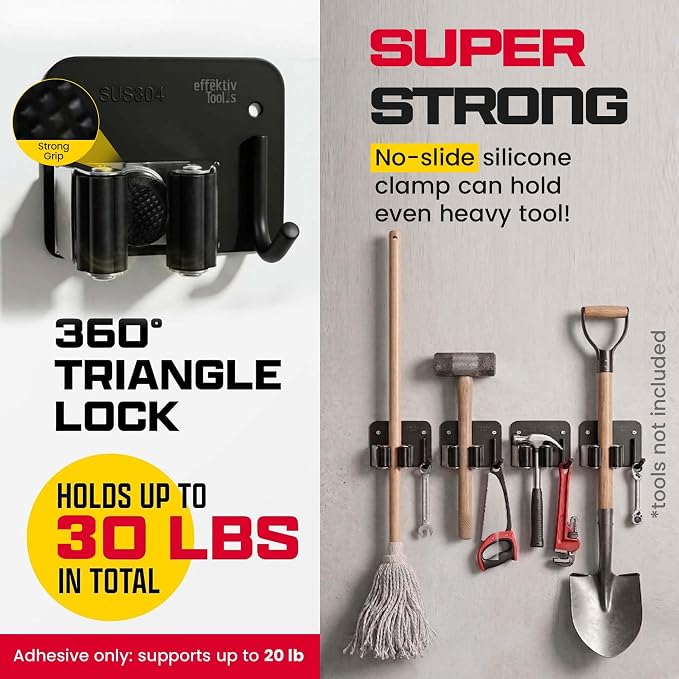 4 Pack Wall Mount Hanger for Brooms & Mops - Heavy Duty Adhesive SUS304 Stainless Steel Broom Holder with 1 Clamp, 1 Hook, & 4 Towel Hangers for Small Nooks & Utility Closet Organization