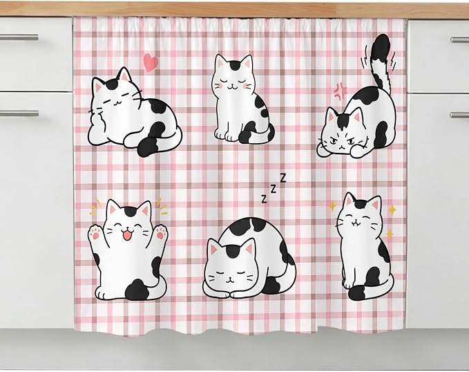 Cute Cat Oven Skirt Curtain for Kitchen Decor 28"x35", Modern Playful Pet Cats Pink Brown Plaid Self Adhesive Stove Curtains Skirt Cabinet Curtains for Bathroom Laundry Room