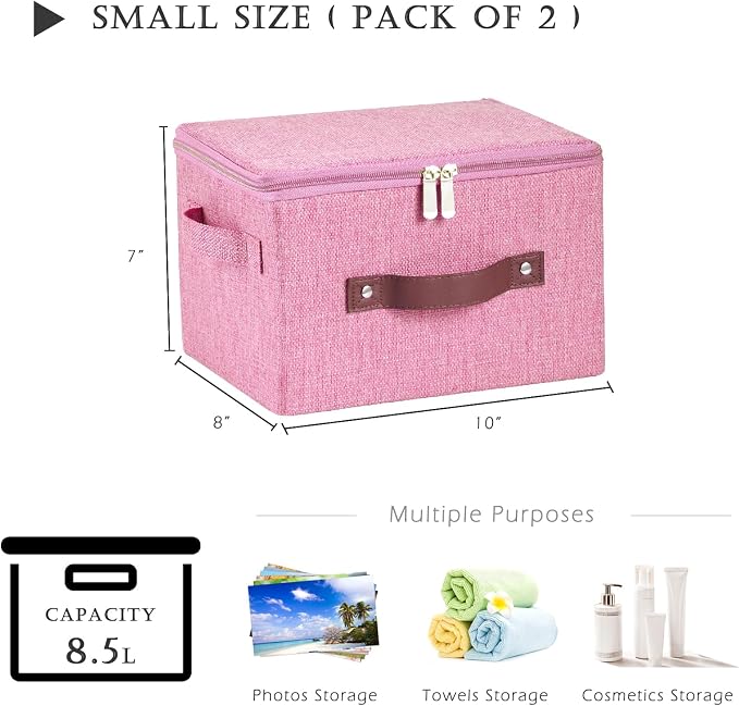 2PCS Storage Bins with Zipper Lids Decorative Lidded Basket Box | Clothes Container, Closet Shelf Organizer, Foldable Washable, Cotton Linen Fabric, w/ PU Leather Handles, Pink, Small