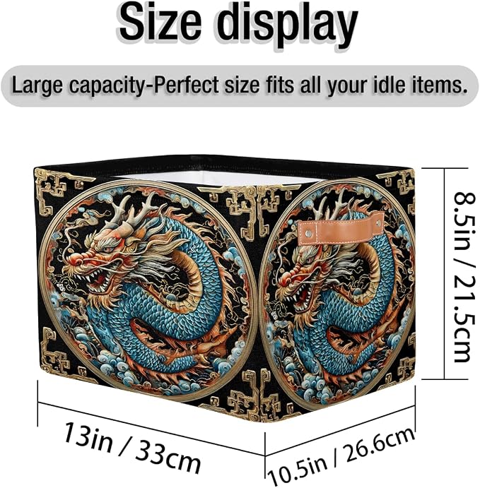 Pardick Dragon Basket Storage Bins Rectangle Canvas Basket Cube Storage Box | Nursery Foldable Basket with Handle for Kids Girls Boys Toys Living Room Closet Organizer Shelf Gifts Blue Gold