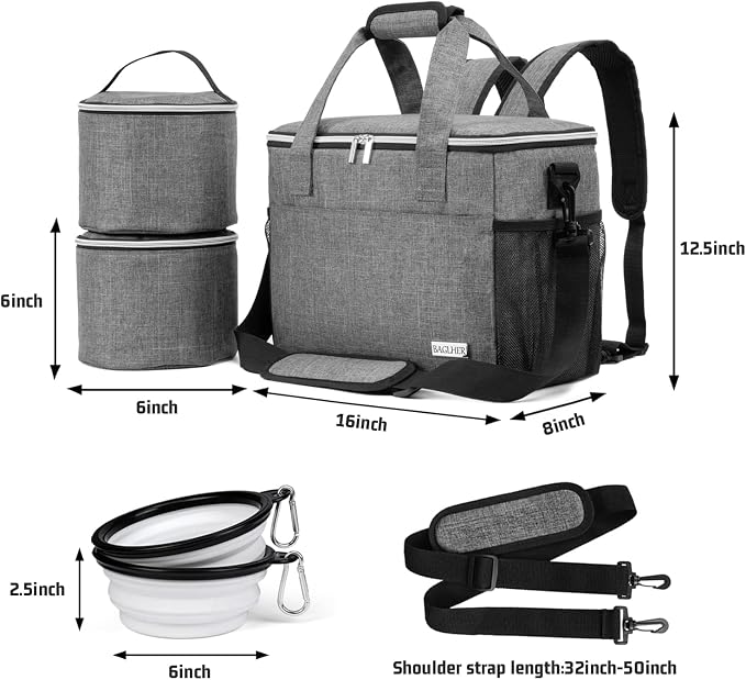 BAGLHER Dog Travel Bag Backpack Pet Supplies Backpack Pet Accessories Storage Bag 5-Piece Set With Shoulder Strap 2 Lined Pet Food Containers 4 Foldable Feeding Bowls Essential Kit for Pet travel