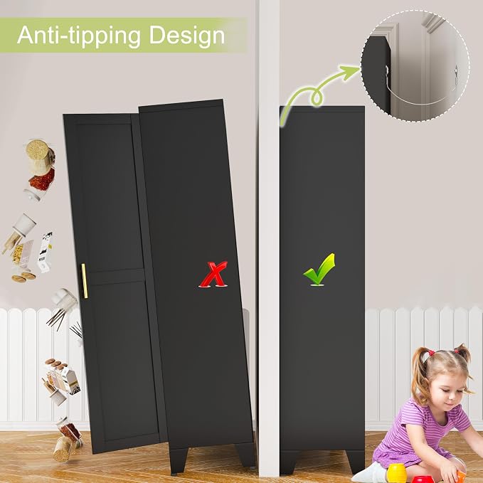 GAIOUS Metal Storage Cabinet, Black Pantry Storage Cabinets with 2 Door | and 3 Adjustable Shelves, Kitchen Food Storage Cabinet, Metal Utility Cabinet for Kitchen Laundry Room, Cupboard