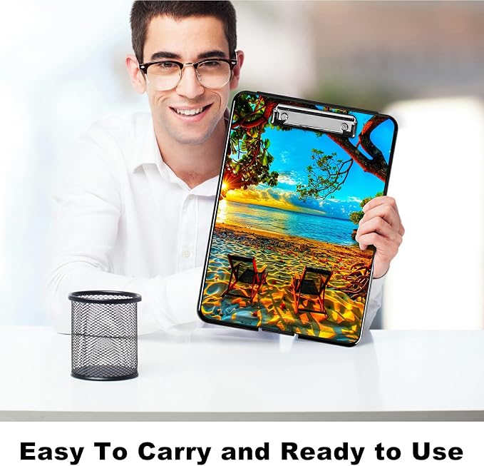 Beach Sunset A4 Clipboard with Storage Pen Holder, Clipboards Organizer Nursing Clipboard Foldable File Folder Plastic Clipboard Folio Clip Board for Office Students Classroom Doctor