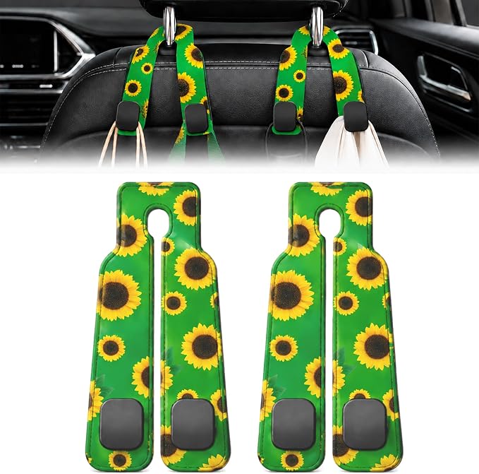 2 Pack Sunflower Car Headrest Hooks for Purses Bag Seat Back Hanger | Sunflower Car Accessories Metal Hook, Floral Gifts for Women, PU Leather Double Hook for Backseat Organizer