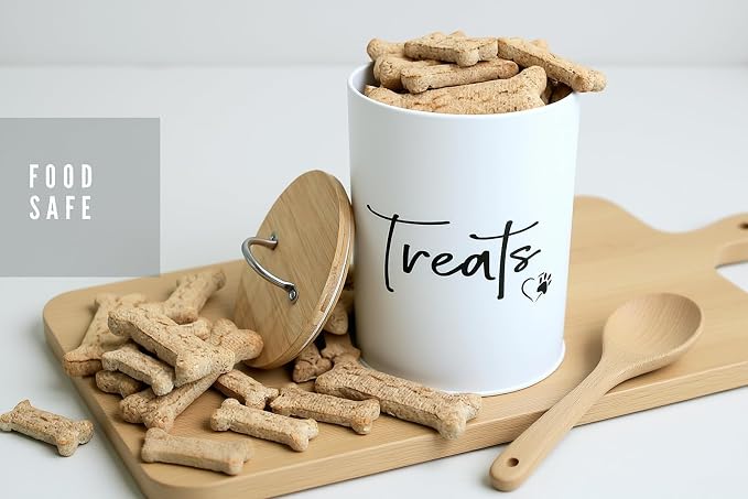 White Dog and Cat Treat Container with Easy to Open Bamboo Lid, 98 oz/12 cups