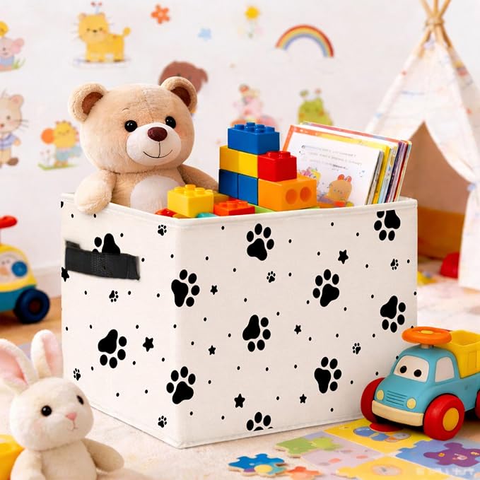 Paw Print Storage Bin, Foldable Fabric Organizer | Black paw print storage bin with stars and dots for toys, books, clothes, pet items, shelves, closets, and rooms.