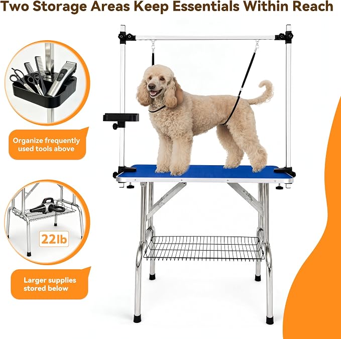 36" Foldable Dog Grooming Table with Adjustable H-Frame Arm & 2 Nooses, Heavy-Duty Stainless Steel Frame, Non-Slip Top, Tool Caddy and Mesh Tray, Blue