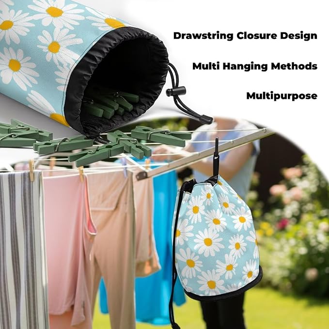 Daisy Clothespin Bag with Hanging Hook Laundry Canvas Clothes Pin Holder Waterproof Clothespin Bag Clothespin Storage Organizer with Drawstring Closure
